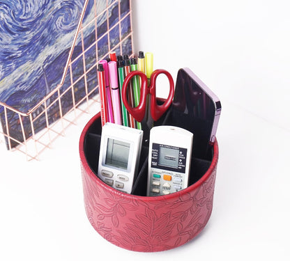 Hennaja Round Leather Art Supply Organizer,Remote Control Holder,360 Degree Rotating,Multi-Functional Pencil Holder,4 Compartments Desktop Stationary Organizer(1-Blue Bird) - Colors B