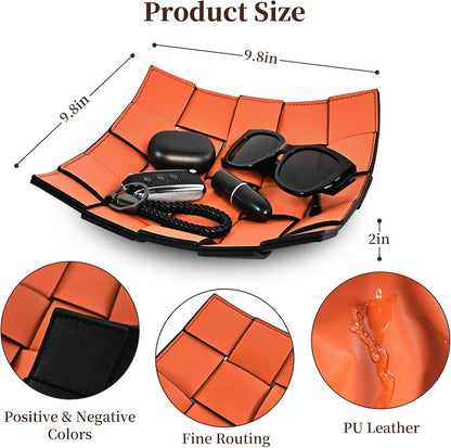 Valet Tray PU Leather Key Holder Bowl for Men Entryway Table Nightstand Desk Tray for Wallet, Keys Men's Gift - Brown & Black, 9.8" L x 9.8" W x 2" H