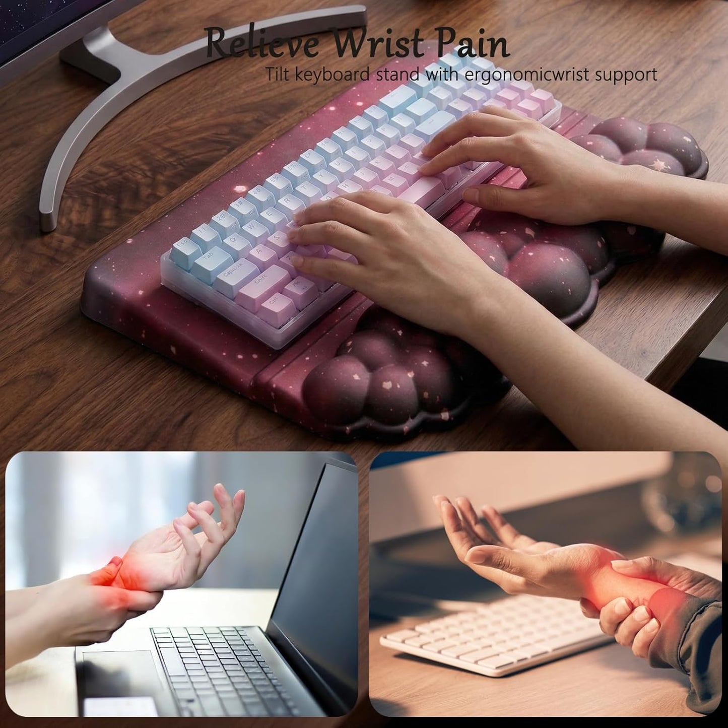 Computer Keyboard Stand Pad with Wrist Rest Purple Blue Cloud Keyboard Pad Support with Comfortable Galaxy Stars Wrist Pad Cute Girl Ergonomic Tilted Keyboard Riser Holder for Desktop Office Home