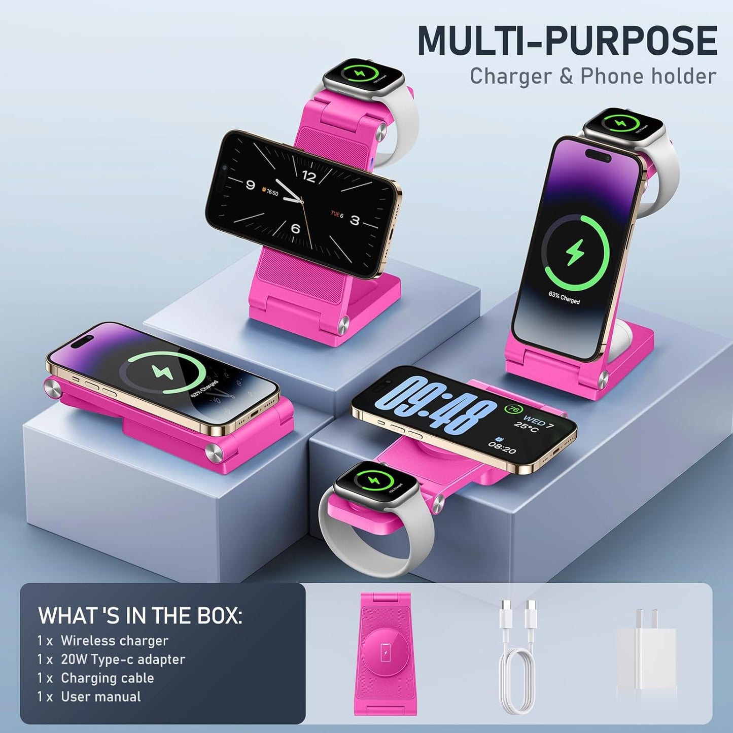 Magnetic Wireless Charger Stand, 3 in 1 Foldable Wireless Charging Station with 20W Adapter, Travel Charger for Multiple Devices for iPhone 17 16 15 14 13 12 Pro/Max/Plus/Mini, iWatch, AirPods
