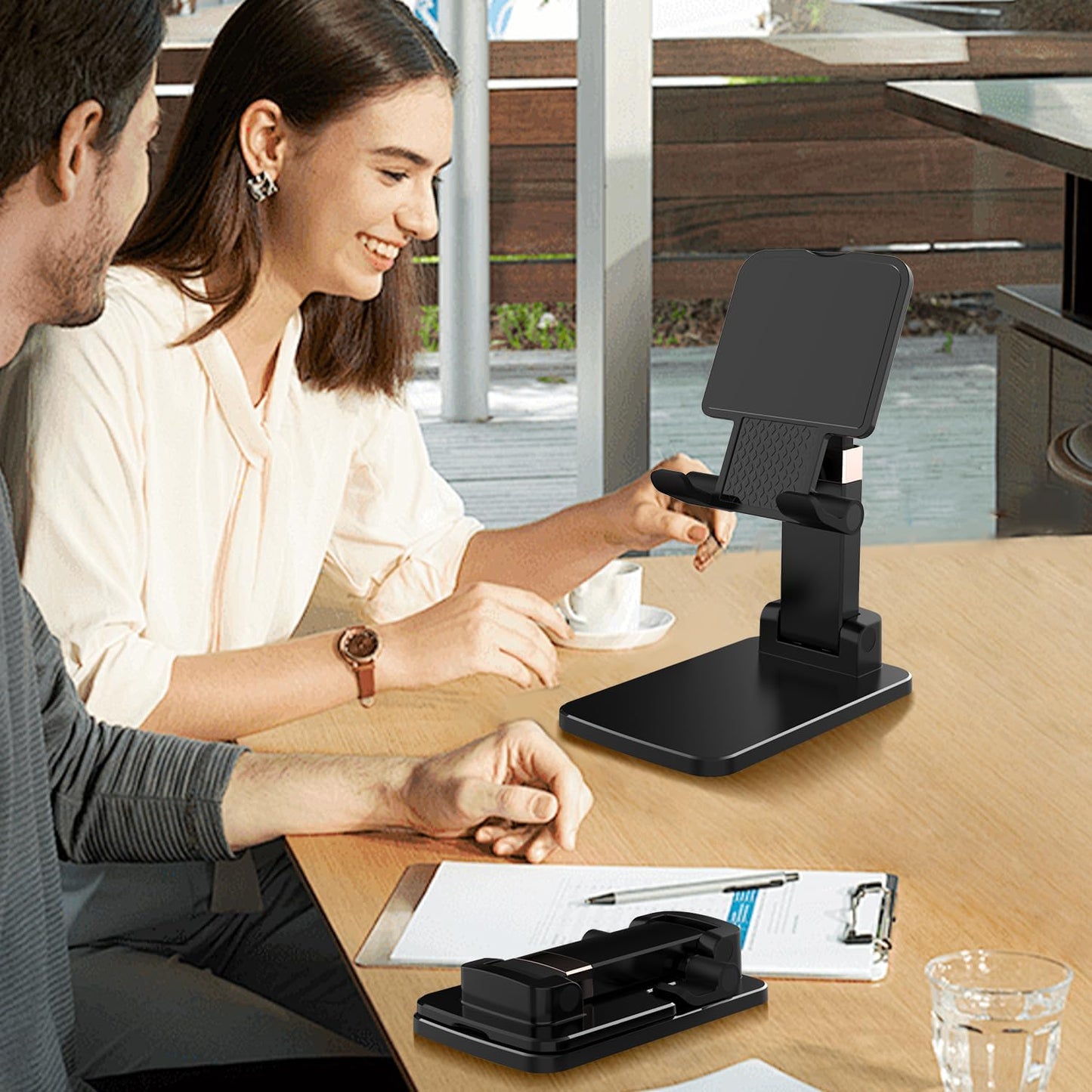 Phone Stand for Desk,Fully Adjustable Foldable Phone Holder,Metal Base with Anti-Slip Pad,Thick Case,Compatible with iPhone 17 Pro Max/Air/17 Pro/17/16/16e,15,All Phones,Portable Office Accessories