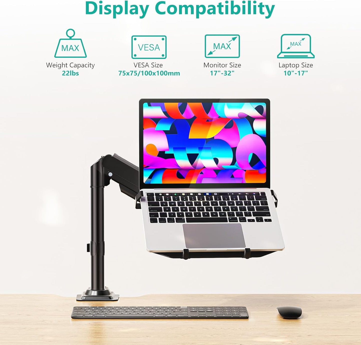 WALI Laptop Desk Mount for 17 inch Notebook, Adjustable Single Monitor Arm with Laptop Holder for 32 inch Screen, Laptops Stand with Ventilated Tray, Up to 22 lbs, (M00LP), Black