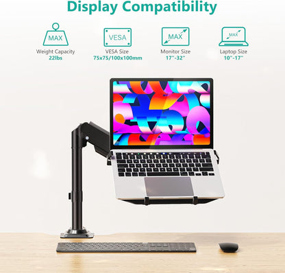 WALI Laptop Desk Mount for 17 inch Notebook, Adjustable Single Monitor Arm with Laptop Holder for 32 inch Screen, Laptops Stand with Ventilated Tray, Up to 22 lbs, (M00LP), Black