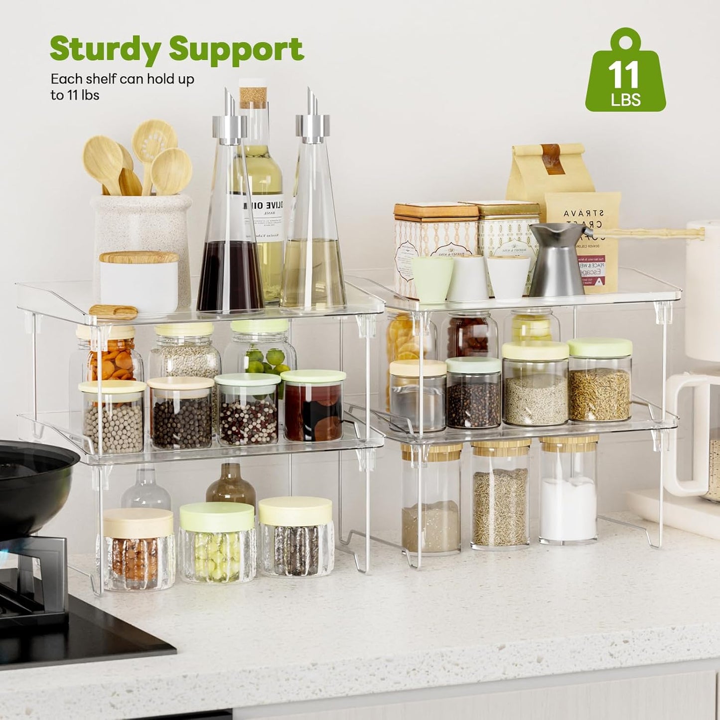 STARLATTA 2 Pcs Cabinet Organizer Shelf, Stackable Kitchen Counter Shelves, Spice Rack,Countertop Organizers, Clear Plastic Storage Shelves Rack for Makeup,Bathroom,Cupboard,Desk,Pantry Organization