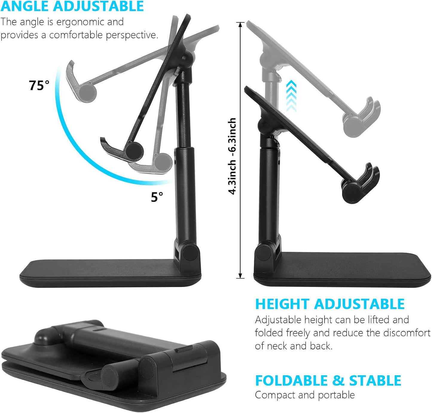 Cell Phone Stand, Folding Desktop Phone Stand, Angle Height Adjustable Mobile Phone Holder for Desk, Office, Tablet Stand Compatible with All Phones 4-10 Inches Cell Phone/Tablet (Black)