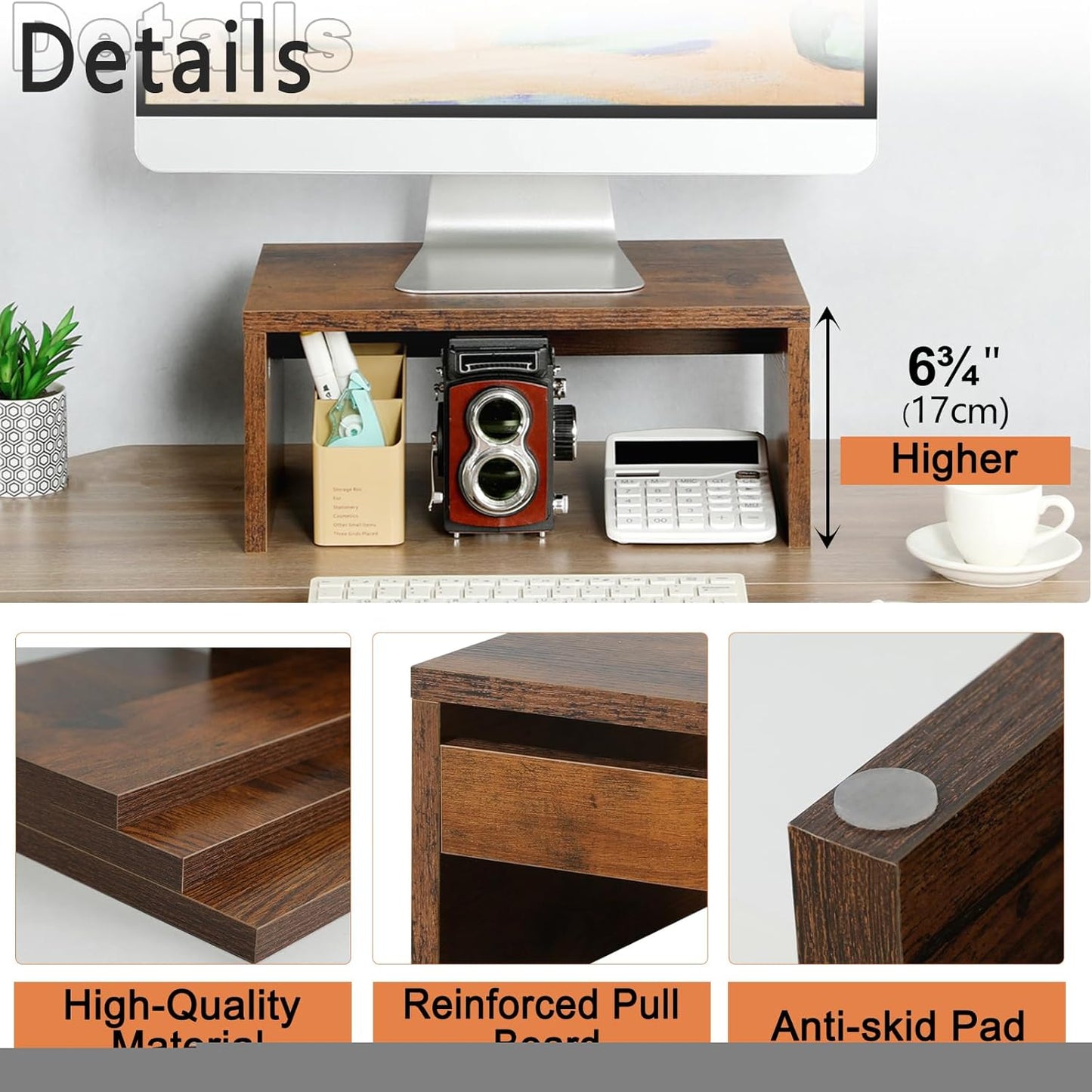 TEAMIX 14.2 inch Monitor Stand Riser, Rustic Brown Wood Monitor Riser with Storage for Desk Small Monitor Stand TV/Screen/PC/Laptop Riser Computer Stand Desktop Shelf (Brown-14.2 inch)