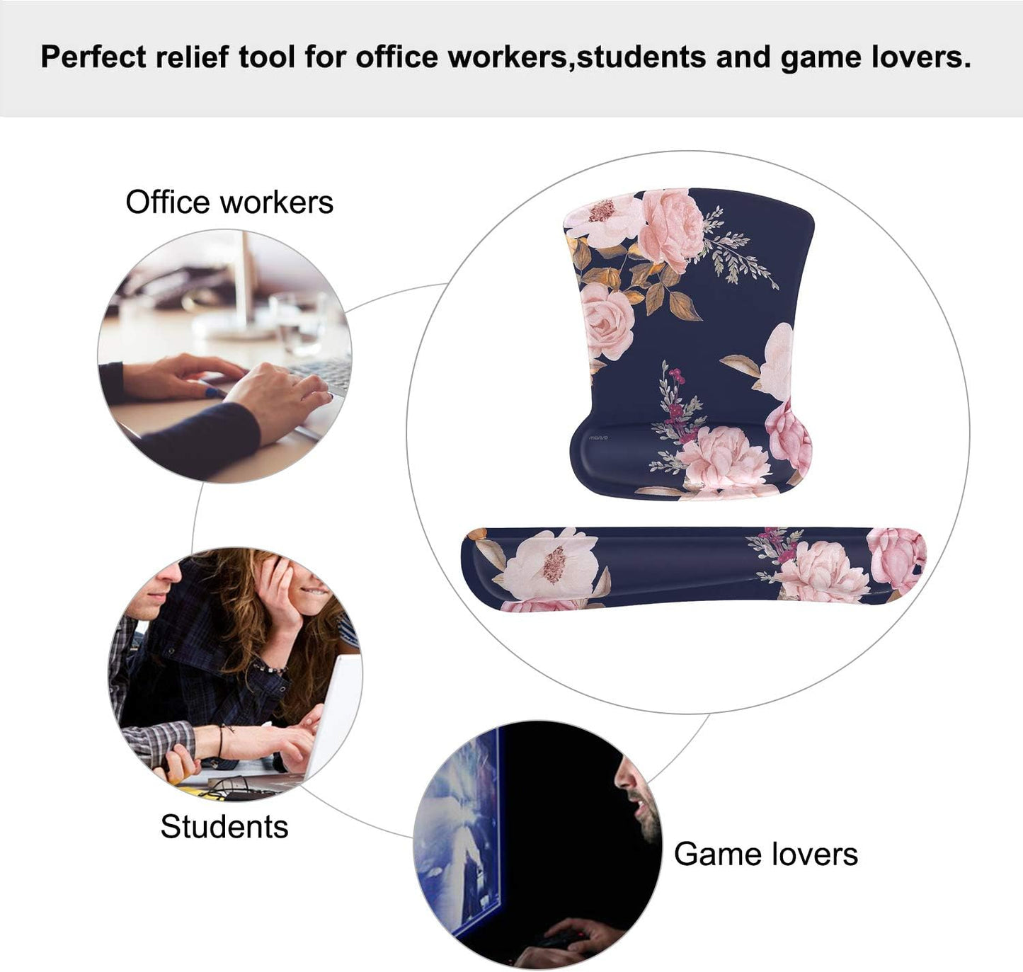 MOSISO Wrist Rest Support for Mouse Pad & Keyboard Set, Peony Ergonomic Mousepad Non-Slip Base Home/Office Pain Relief & Easy Typing Cushion with Neoprene Cloth & Raised Memory Foam, Black