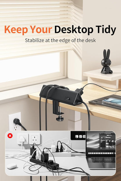 6.5 FT Desk Clamp Power Strip with 5 AC Outlets & 6 USB Ports PD 40W USB-C Fast Charging, 1250J Surge Protector, Fits 2.1 in top Edge Black