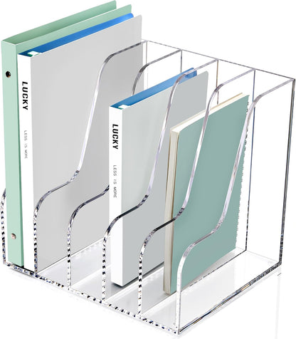 SANRUI Acrylic Magazine Holder Desk Organizer Workspace Sorters，Clear Bookend File Sorter Holder，Folder Rack, Office Accessories Organization Storage with 3 Vertical Compartments