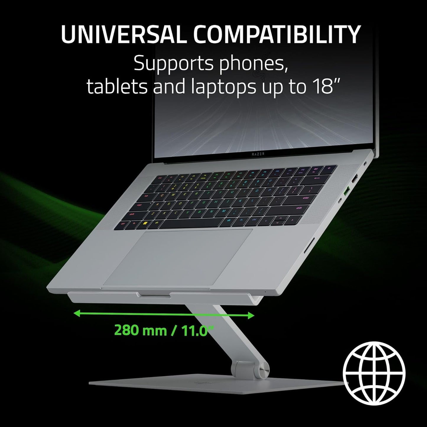 Razer Adjustable Laptop Stand: Supports Phones, Tablets, Laptops, Macbooks up to 18" - Adjust Height and Tilt - Durable Aluminum Construction - Vented Design - Foldable for Storage & Travel - Black