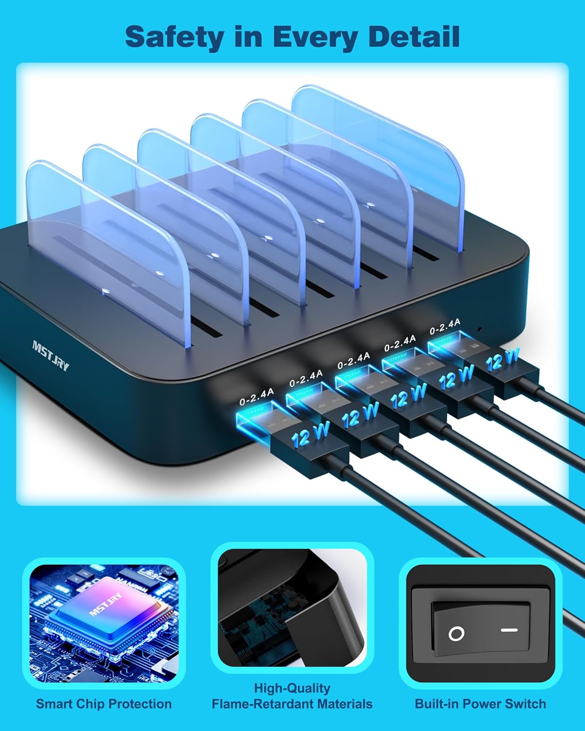 MSTJRY Charging Station for Multiple Devices : 5 Port Multi USB-A Charger Stations Multi-Device Organizer Charging Dock Designed for iPhone iPad Cell Phone Tablets (7 Short Cables Included)