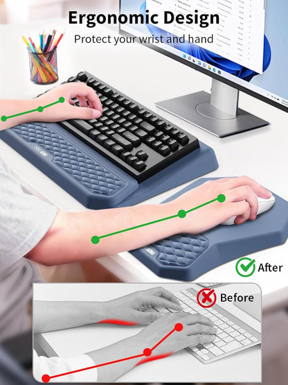 3-in-1 Ergonomic Keyboard Stand with Wrist Rest & Mouse Pad Set, Comfy Keyboard Riser Holder Soft Mousepad with Massage Design, Memory Foam and Non-Slip PU Base for Pain Relief, Black
