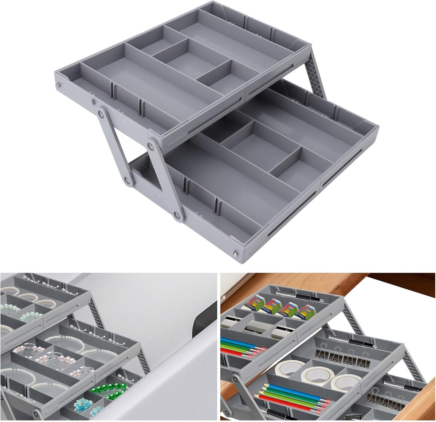 Sanpyl Drawer Organizer, Multi Layer Drawer Foldable Storage Box for Dresser Bathroom Kitchen Office, Expandable Folding Jewelry Organizer Tray (2 Layers)