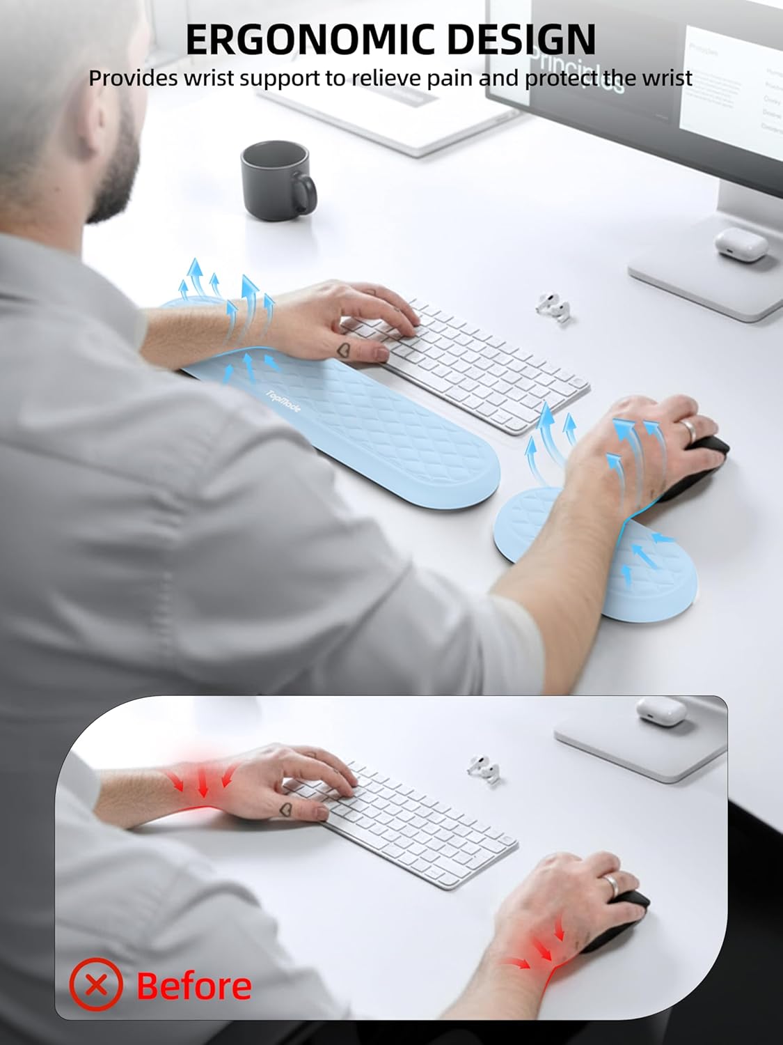 TopMade Upgraded Wider Wrist Rest Set, Soft Memory Foam Keyboard Hand Rest Pad, Computer Ergonomic Keyboard Mouse Wrist Support for Typing Pain Relief, Comfort for Office, Gaming, Study, Black