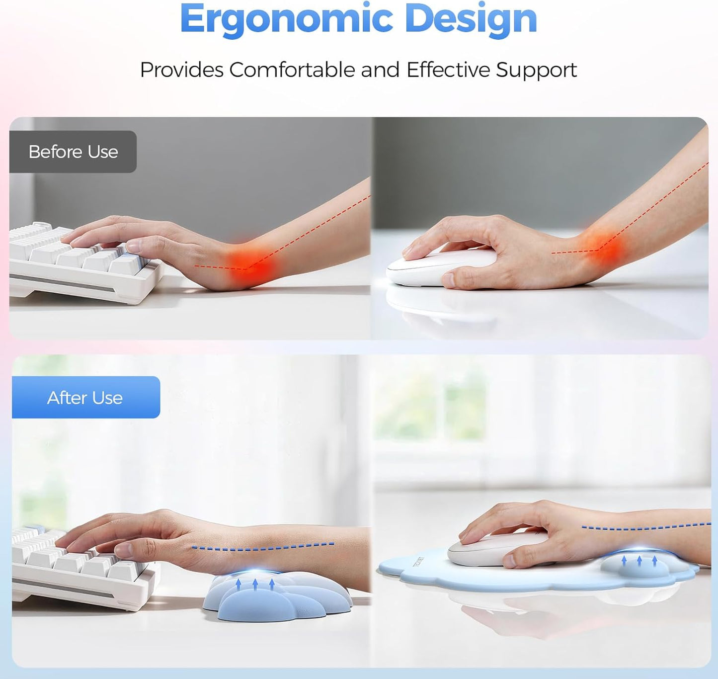 TECKNET Cloud Mouse Pad with Wrist Rest, Ergonomic Cloud Wrist Rest with Non-Slip Base, PU Leather Memory Foam Mouse Pad Wrist Support for Keyboard and Mouse, Pain Relief for Typing, Gaming, White