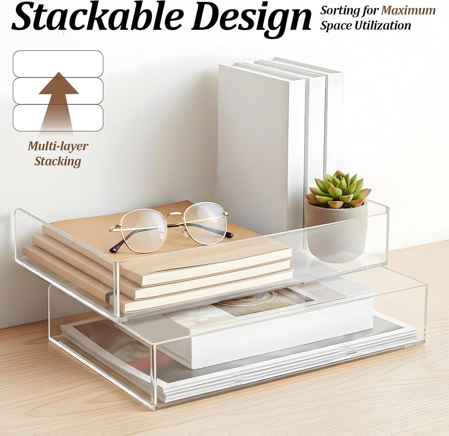 2 Pack Clear Acrylic Stackable Paper Letter Tray Organizer Desktop File Organizer for Office Workspace Document Storage, 12.4x8.7x2.75 Inch