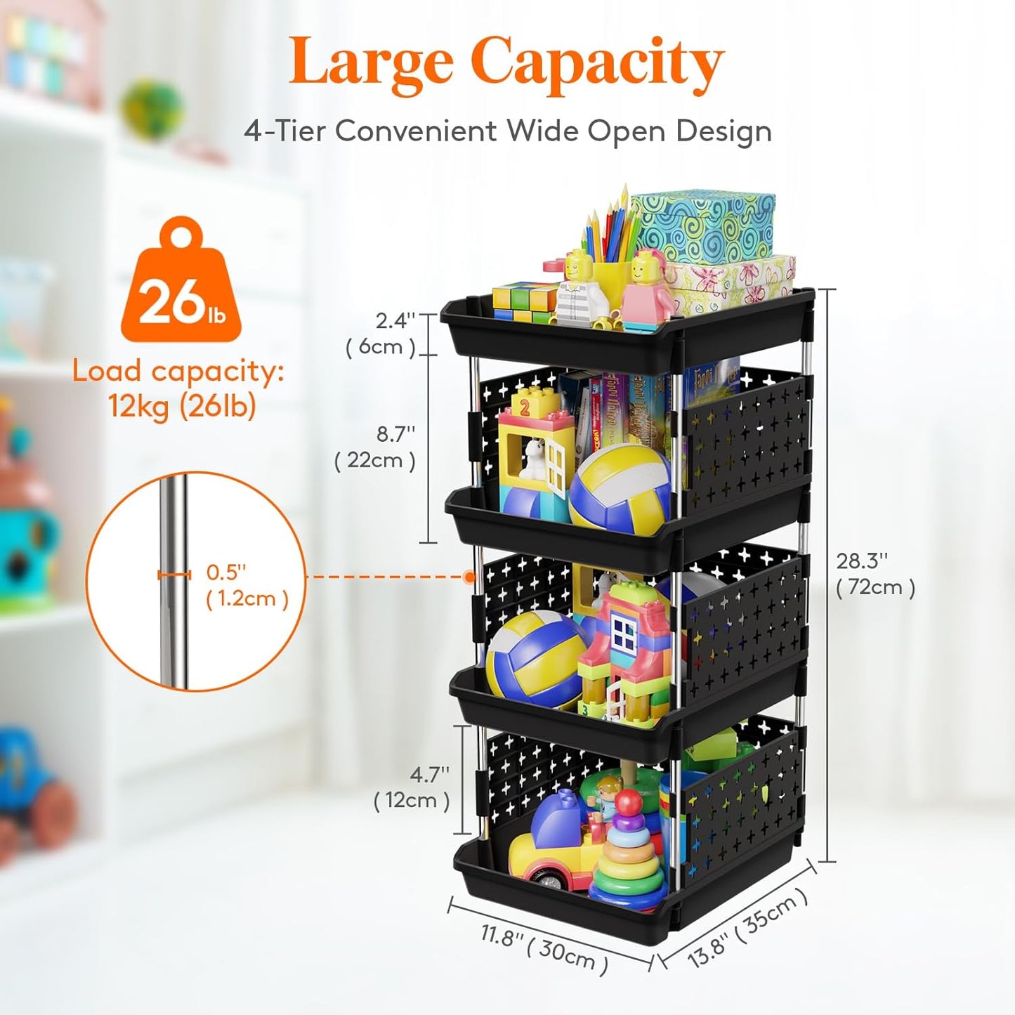 Lifewit Plastic Stackable Storage Baskets, 4 Tier Stacking Bins for Food and Clothes, Multifunctional Organizer for RV, Kitchen, Playroom, Pantry and Bathroom, 13.8"D x 11.8"W x 28.3"H, 1 Pack, White
