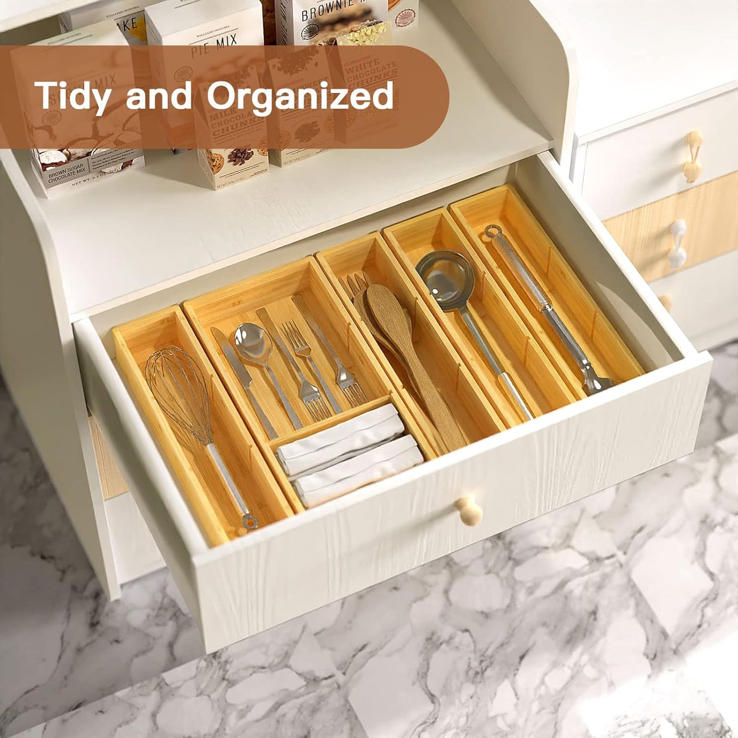 DUJEN Bamboo Drawer Organizer 12.5'' X 12.5'' X 2'', Adjustable 3 Individual Junk Drawer organizer for Bathroom and Kitchen, Wood Drawer Tea Organier Boxes for Silverware, Make up and Tea Bag