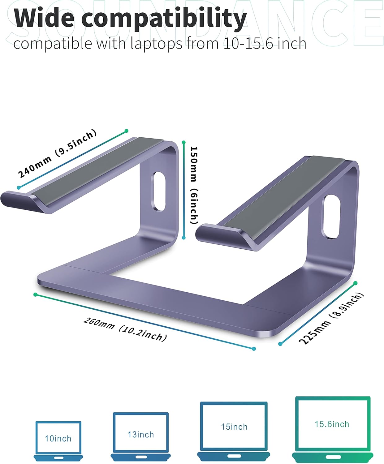 SOUNDANCE Laptop Stand, Aluminum Computer Riser, Ergonomic Laptops Elevator for Desk, Metal Holder Compatible with 10 to 15.6 Inches Notebook Computer, Silver