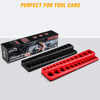 GOOACC 1/4" Magnetic Socket Organizer, 2 Pieces Socket Holder Metric SAE Socket Tray, 1/4 inch Socket Organizer Tray Holds 52 Standard Sockets for Tool Box Drawer
