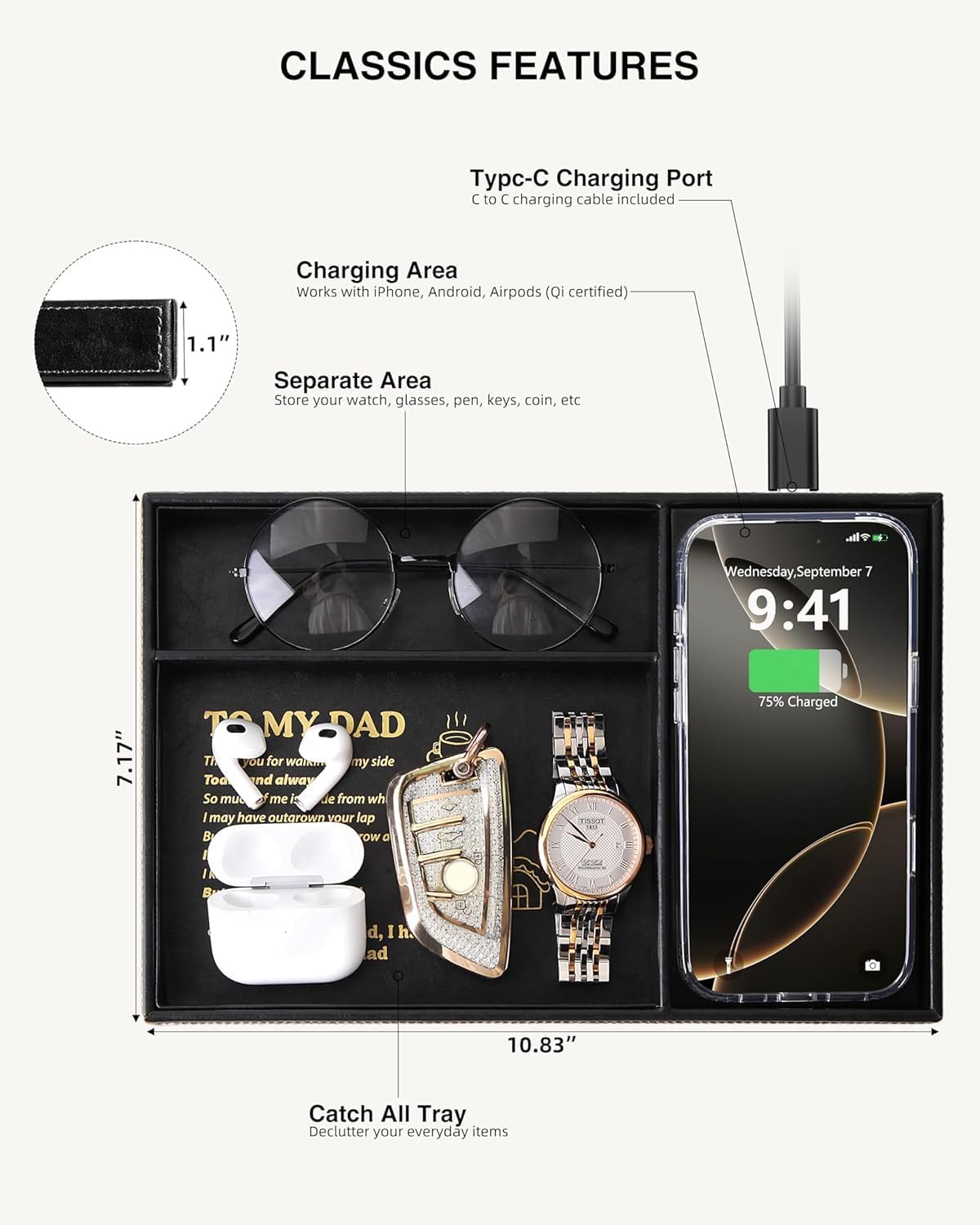 TopMade Wireless Charger Valet Tray, Father's Day Birthday Gifts for Dad, PU Leather Mens Jewelry Box for Iphone Charger, Desk Nightstand Organizer Charging Station Drawer Dresser Organizer(Brown)