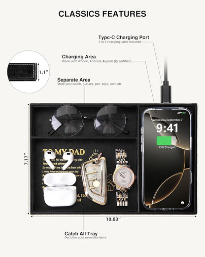 TopMade Wireless Charger Valet Tray, Father's Day Birthday Gifts for Dad, PU Leather Mens Jewelry Box for Iphone Charger, Desk Nightstand Organizer Charging Station Drawer Dresser Organizer(Brown)