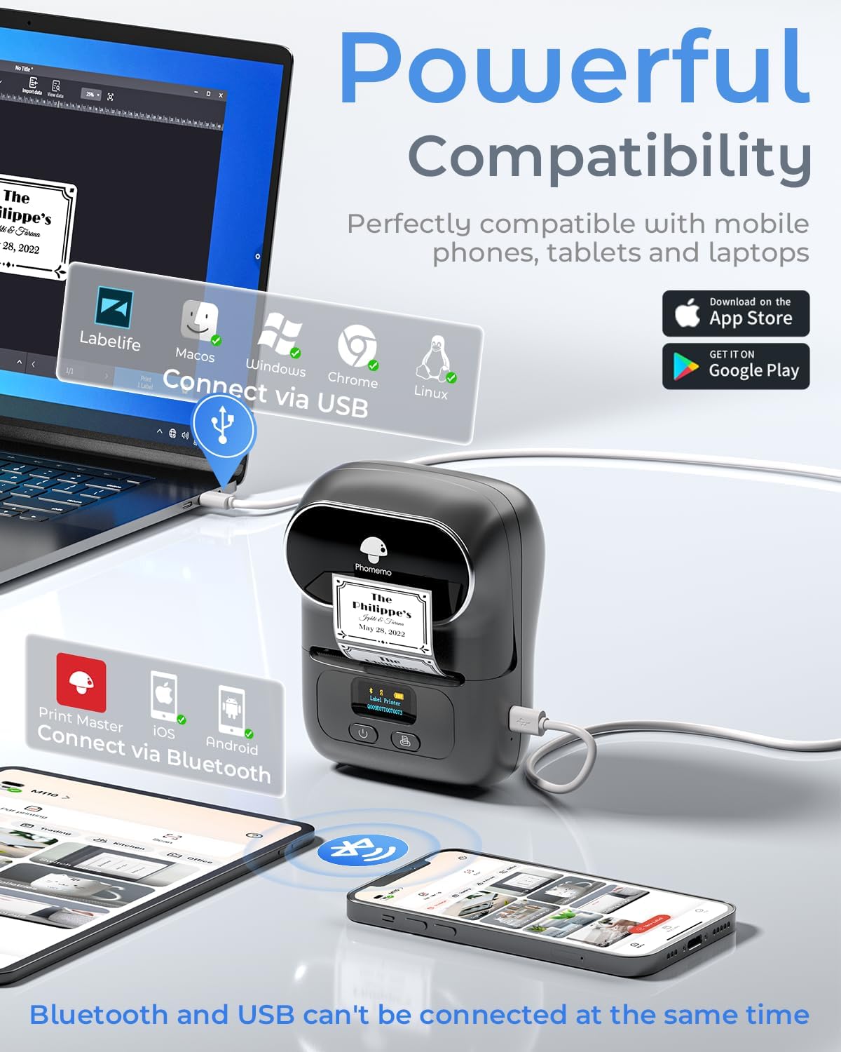 Phomemo M110 Label Makers - Barcode Label Printer Bluetooth Label Maker Portable Thermal Printer for Small Business, Address, Barcode, Logo, Clothing, Mailing, Sticker Printers for Phone & PC, Black