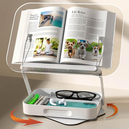 Acrylic Book Stand with Storage, 360° Rotating, Foldable Adjustable Holder with Large Storage Capacity for Reading & Tablets (Clear)
