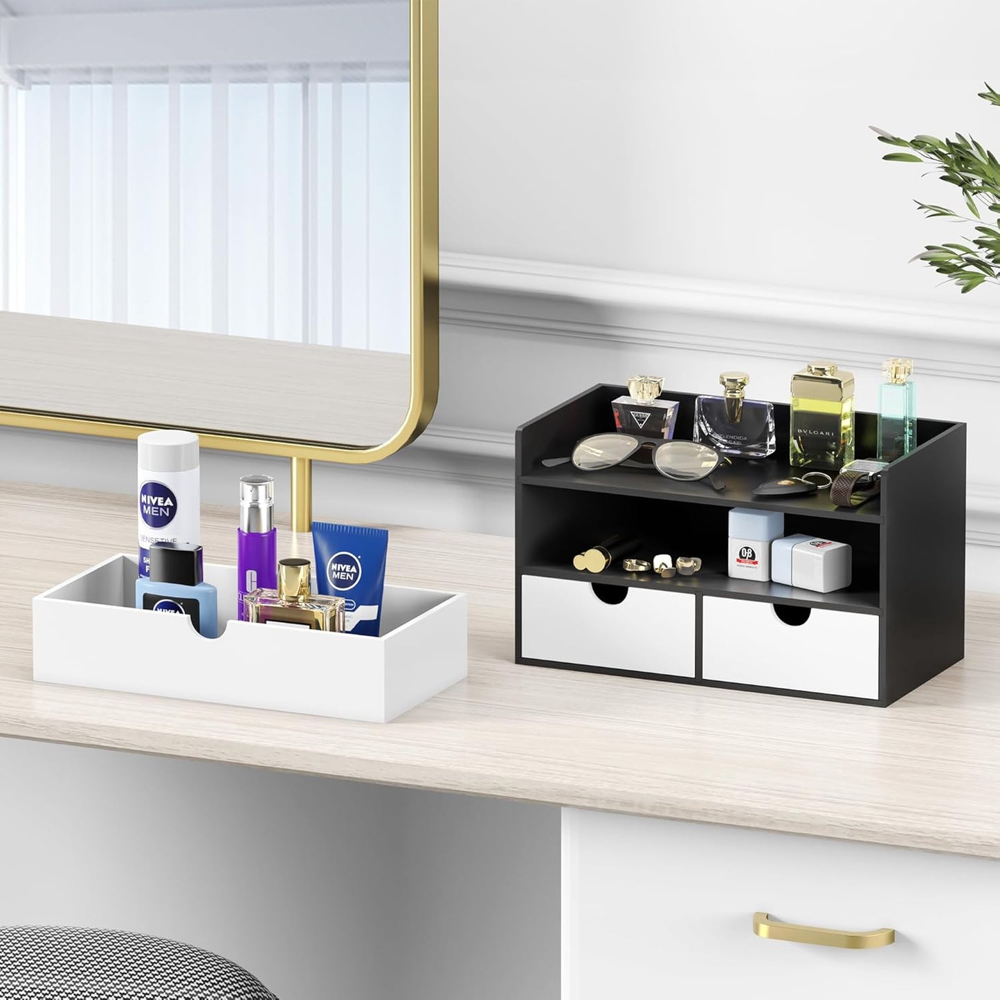 Desk Organizer with Drawers - Bamboo Desktop Organizer Storage | Wood Desk Drawers Organizer for Bills, Office Supplies, Cosmetics, Seals No Assembly Required (3 Drawer with Big Drawer)