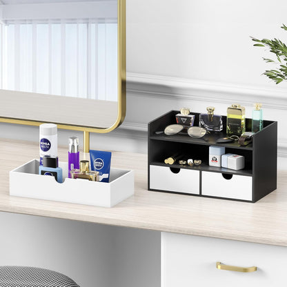 Desk Organizer with Drawers - Bamboo Desktop Organizer Storage | Wood Desk Drawers Organizer for Bills, Office Supplies, Cosmetics, Seals No Assembly Required (3 Drawer with Big Drawer)