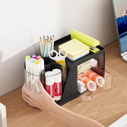 Marbrasse Desk Organizer with 2 Drawer, 360°Rotating Pen Holder, Desk Organizers and Accessories with 6 Slots Pencil Organizer + 2 Drawer, Art Supply Storage Box Caddy for Office (White)