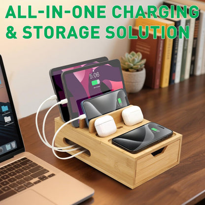Bamboo Charging Station for Multiple Devices, Desk Charging Organizer with Drawer & Tray, Wood Docking Station for Multi Devices, Cell Phone, Tablet (Included 6 Cables, 5 Port USB Charger)