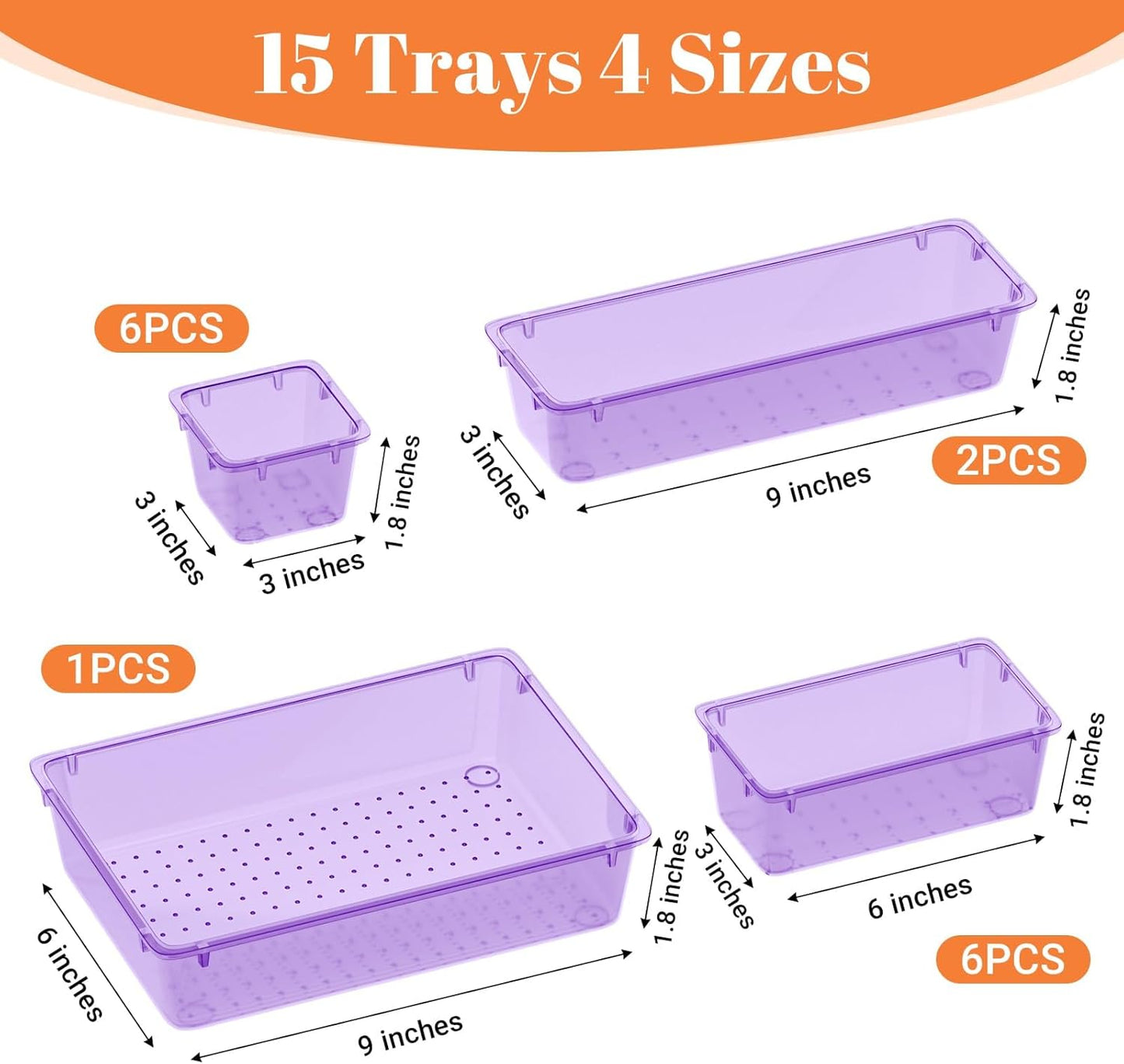 SpaceHacks 15 PCS Clear Plastic Drawer Organizer Set, 4-Size Acrylic Drawer Storage Trays, Storage Bins for Makeup, Gadgets, and Jewelry in Bathroom, Bedroom and Office, Clear Black