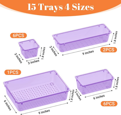 SpaceHacks 15 PCS Clear Plastic Drawer Organizer Set, 4-Size Acrylic Drawer Storage Trays, Storage Bins for Makeup, Gadgets, and Jewelry in Bathroom, Bedroom and Office, Clear Black