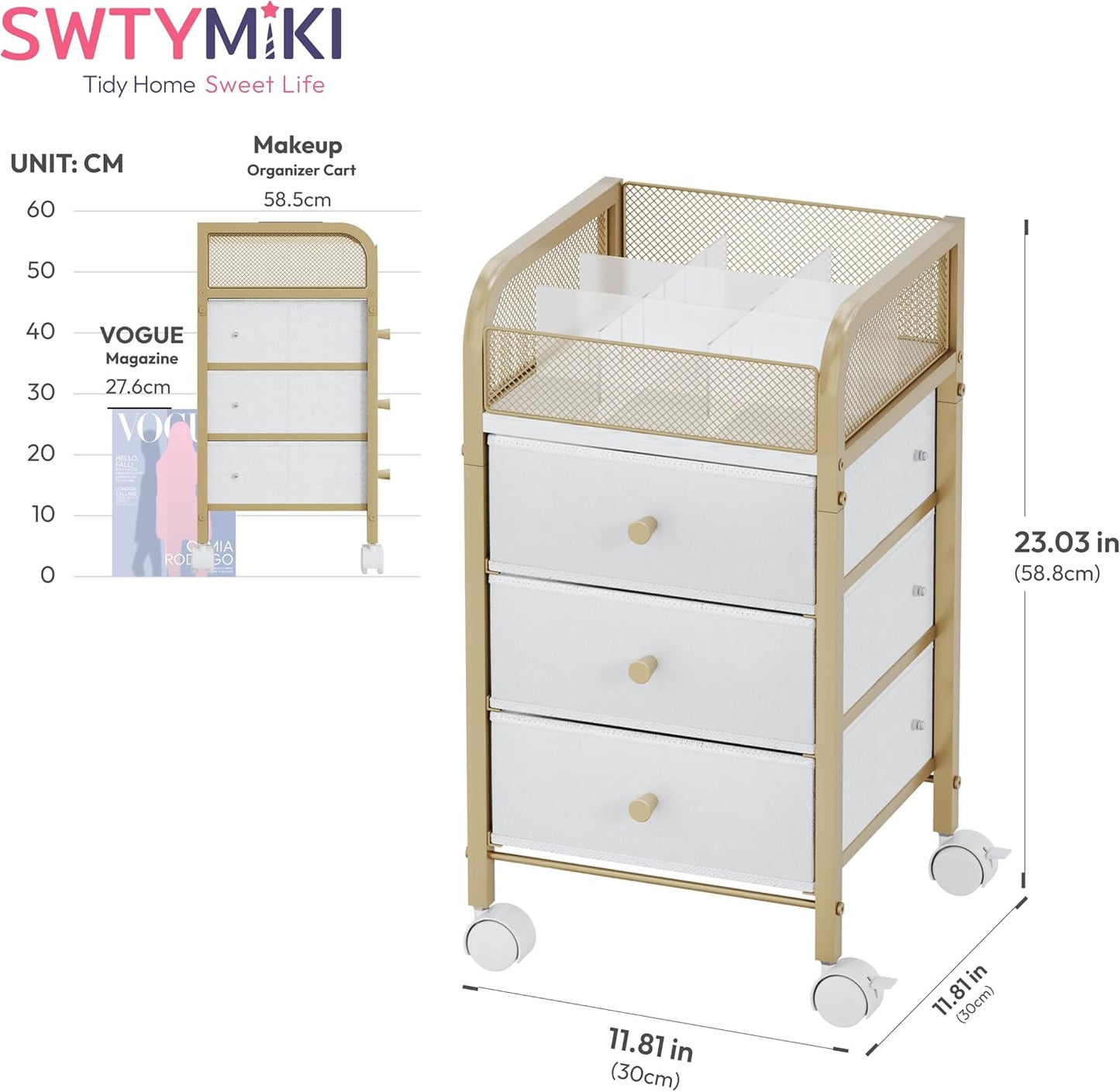 SWTYMIKI Rolling Makeup Organizer Cart - Under Desk Vanity Makeup Storage with 3 Non-woven Drawers, Nail Cart Organizer Cosmetic Display Cases Cabinet for Skin Care Perfume Nail Polish Brush Hair Tool