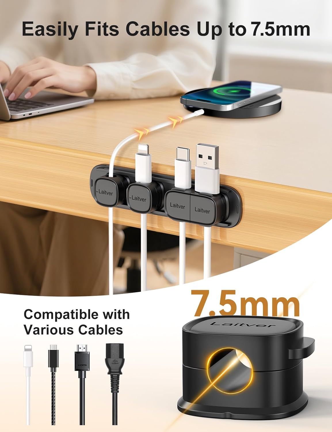 6 Pack Magnetic Cable Clips [1s Open/Lock], Laitver Cord Organizer Holder Strong Adhesive Desk Cable Management- Organize Charging Cords Neatly for Home, Office, Car,Desk, Nightstand