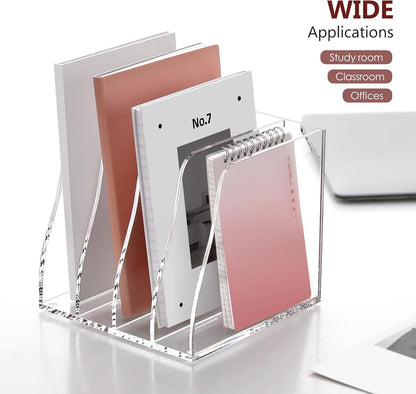 SANRUI Acrylic File Organizer, Clear Magazine File Holder Desk Organizer for Office Organization and Storage with 5 Vertical Compartments, Desktop Bookshelf for Home Office Organization