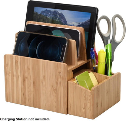 MobileVision Bamboo Charging Station & Multi Device Organizer Slim Version for Smartphones, Tablets, and Laptops