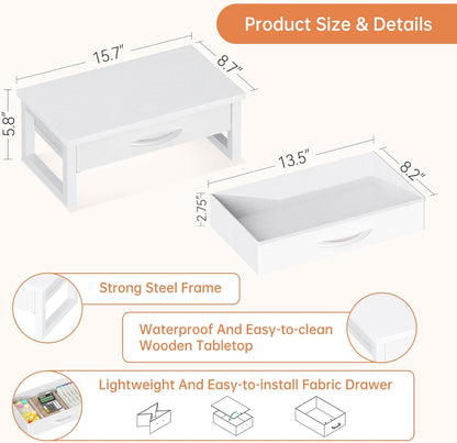Desk Organizers and Accessories, Computer Monitor Stand Riser with Fabric Drawer, 2-Tier Laptop Stand for Desk, Office Organization Accessories, Pink