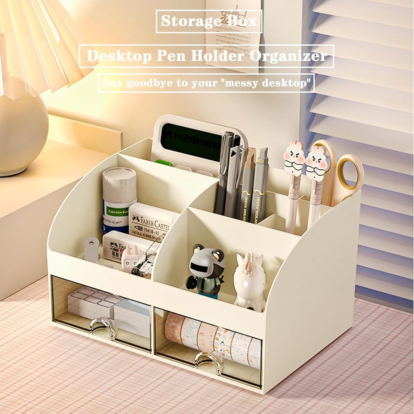COMFYROOM Desk Organizer with 6 Compartments and 2 Drawers, Plastic Makeup Organizer, Pen Holder for Desktop Storage, Desk Organization for School, Home, Office Supplies (White)