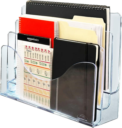 Azar Displays 250099 Three Tier File and Brochure Desktop Wall Organizer Holder with Dividers Brochure Display Stand Acrylic Holder, Fits 8.5" x 11" Files, Clear, 1 Pack