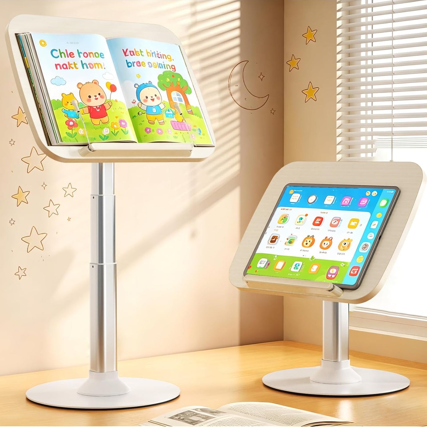 2-in-1 Kids Reading Stand for Books and Tablets,Adjustable Angle Height Book Holder with Book Clip,Kid-Friendly Ergonomic Book Holder for Toddlers,Laptop Riser Stand for Homeschool Floor Couch Bed Car