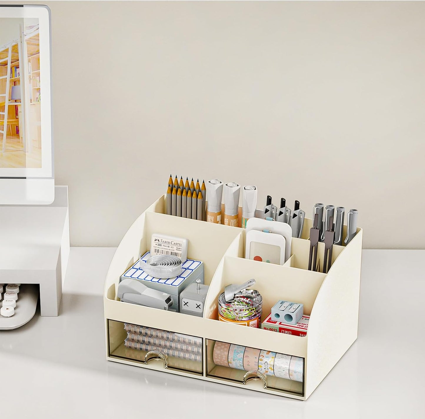 COMFYROOM Desk Organizer with 6 Compartments and 2 Drawers, Plastic Makeup Organizer, Pen Holder for Desktop Storage, Desk Organization for School, Home, Office Supplies (White)