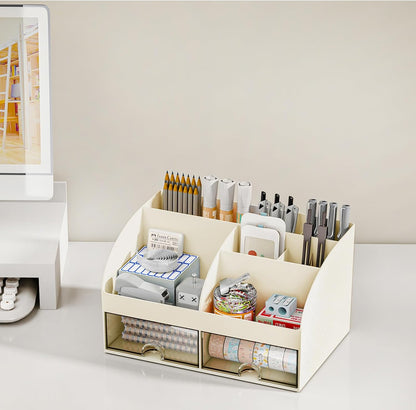 COMFYROOM Desk Organizer with 6 Compartments and 2 Drawers, Plastic Makeup Organizer, Pen Holder for Desktop Storage, Desk Organization for School, Home, Office Supplies (White)