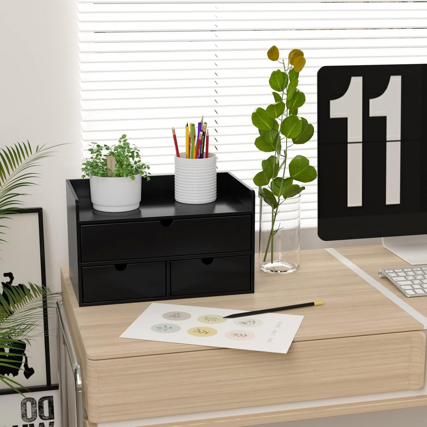 Wisuce Bamboo Desk Organizer - Mini Bamboo Desk Drawer Tabletop Cosmetic Storage Organization for Office or Home Black
