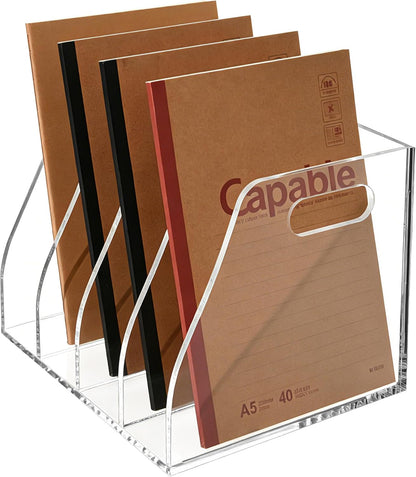 Acrylic Magazine File Holder, 4 Vertical Compartments Desk Document Sorter Organizer, Clear Folder Rack Binder for Office/Home/Classroom, for Documents, Tablet, Magazines, Books & Accessories