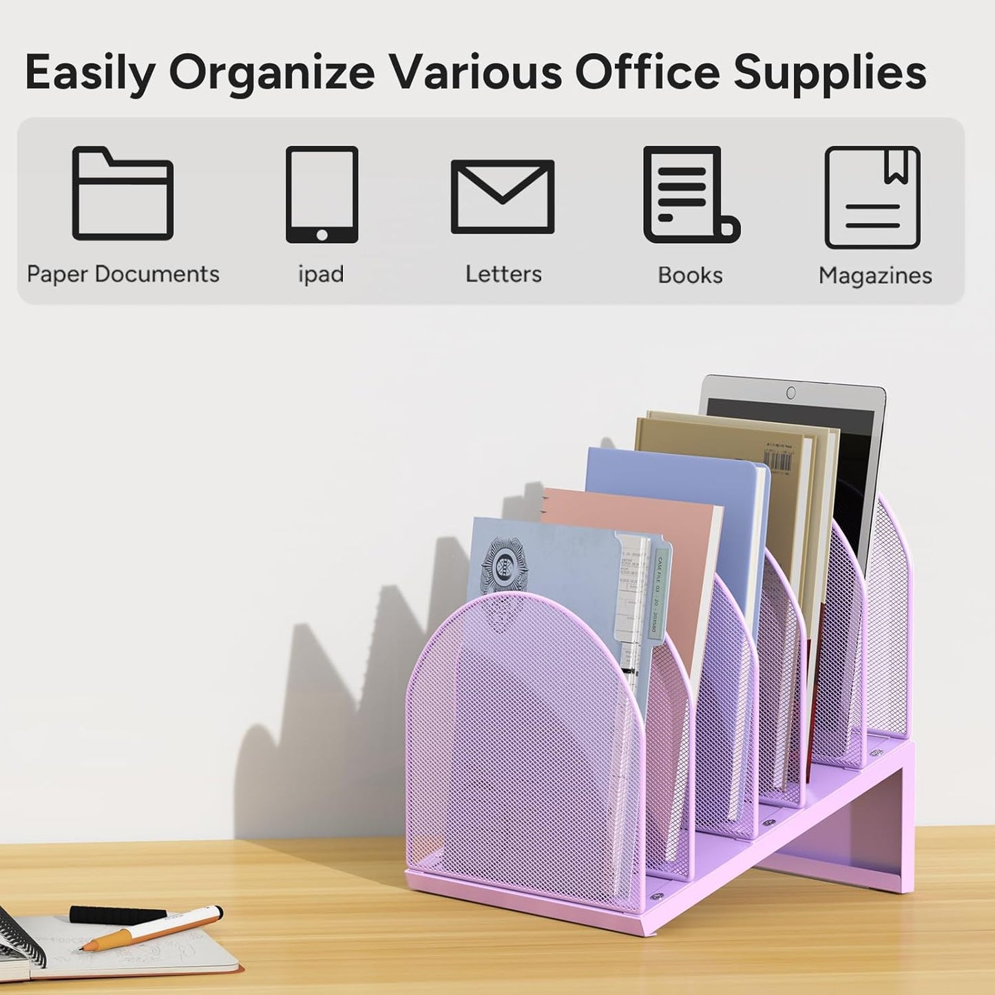 5-Section Desk File Organizer, Metal Mesh Folder Organizer for Documents, Mail & Office Papers (Black)