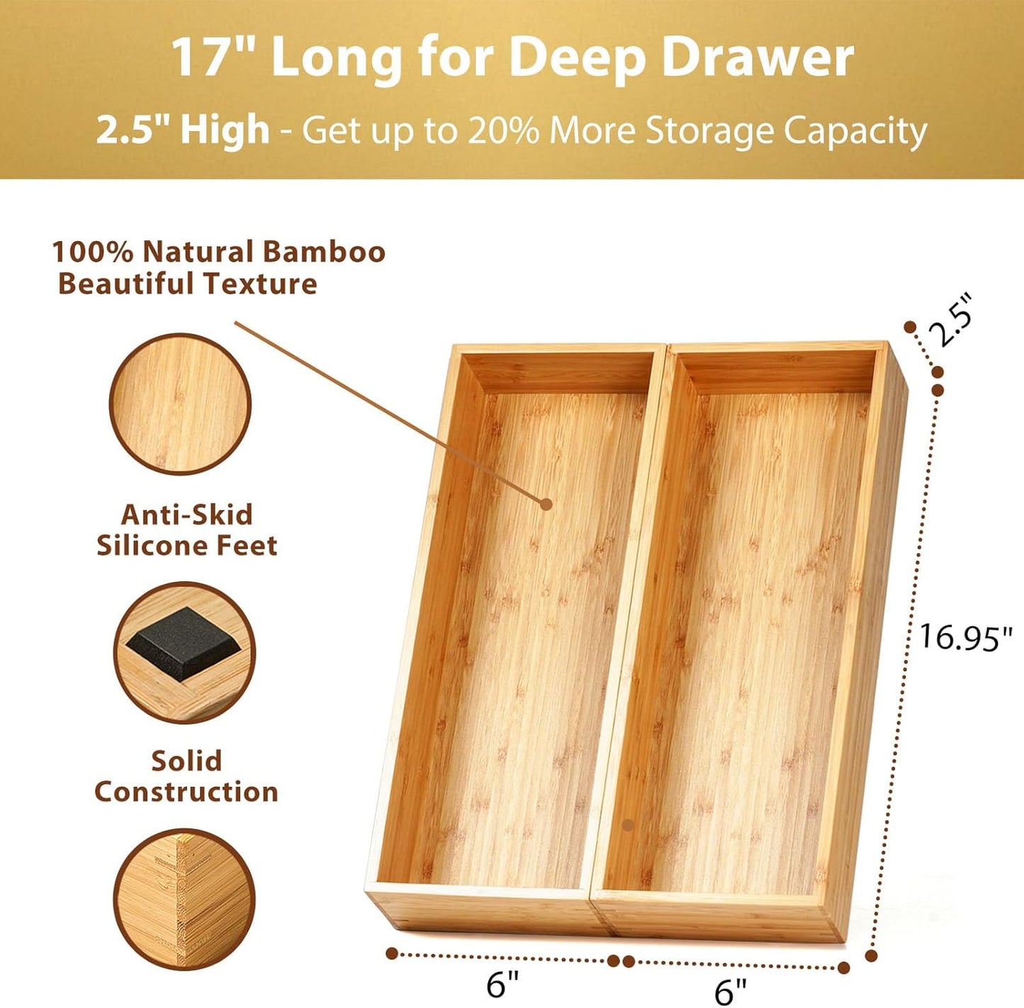 Umilife Bamboo Kitchen Drawer Organizer, Extra High Silverware Tray, Flatware Cutlery Storage Box, Multi-Use Holder in Office, Bathroom, Pantry - 9"x6"x2.5" (Set of 2)