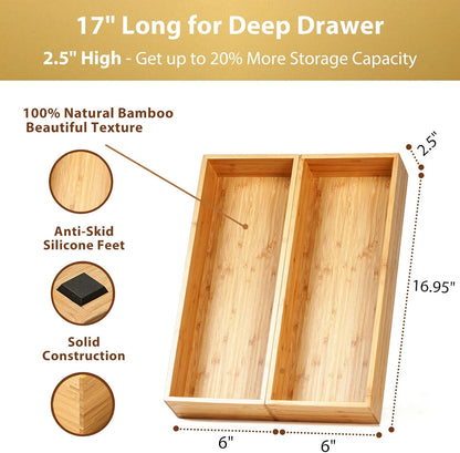 Umilife Bamboo Kitchen Drawer Organizer, Extra High Silverware Tray, Flatware Cutlery Storage Box, Multi-Use Holder in Office, Bathroom, Pantry - 9"x6"x2.5" (Set of 2)