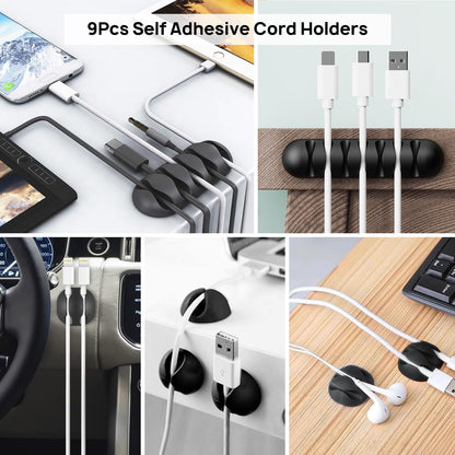 Cable Management Kit - 4 Cable Sleeve, 57 Self Adhesive Cable Clips, 12 Hanging Strips, 12 Cable Organizer Straps and 100 Fastening Cable Ties for TV Computer Under Desk (Black and White)